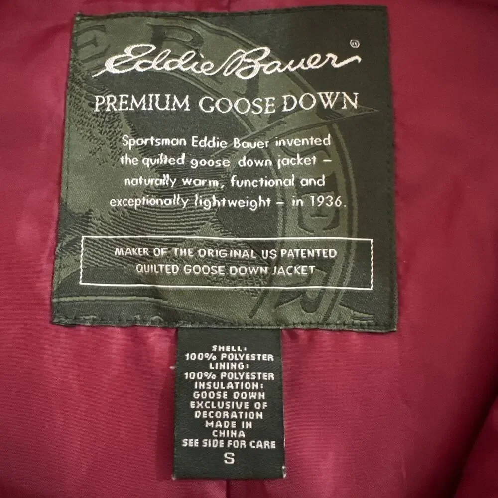 Eddie Bauer Women's S Premium Goose Down Puffer Vest Maroon Red Full Zip Quilted